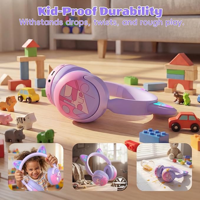 Candy Bila Kids Bluetooth Headphones with LED Cat Ears, Active Noise Cancelling Headphones, 85dB Safe Volume, 40H Play Time, Bluetooth 6.0, Built-in Mic for iPad/Tablet/Airplane, Purple