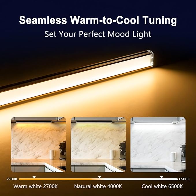 VST Under Cabinet Lighting 6 Pack, Touch Control LED Cabinet Light Bars, Dimmable & Adjustable Color Temperature 2700K-6500K, Ultra Thin Linkable Under Counter Lights for Kitchen, Closet & Display
