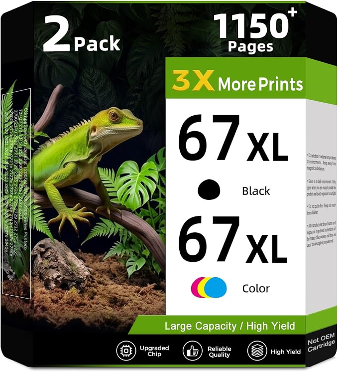 67XL Ink Cartridges Black/Color Combo Pack Replacement for HP Ink 67 HP67 XL HP67XL for 2855e 2800e 2755e 2700 4255e 4200e 6055e 6000 2852e 2827e 2700e 2734e 4155e 6455 6400 Printer (2-Pack)