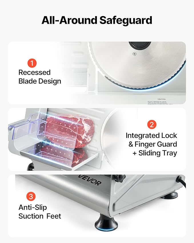 VEVOR Meat Slicer, 8.6" Electric Deli Slicer with 2 SUS420 Blades & 0-0.6" Adjustable Thickness, Dual Security Lock, 200W Home Food-Slicer for Frozen Meat, Ham, Baguett, Steak, ETL Approved