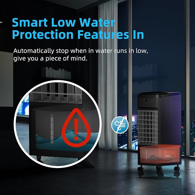 NOMEY 3-IN-1 Portable Air Conditioners 4 Modes & 3 Speeds, Waterless Alert System, 12H Timer, 1 Gal Detachable Water Tank, 4 Ice Packs, Remote, 70° Oscillation Windowless Evaporative Air Cooler