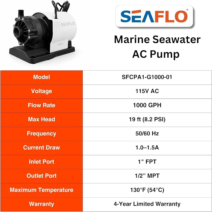 SEAFLO 1000 GPH Air Conditioning Pump 115V Marine AC 16.6 GPM Magnetic Drive Circulation for Systems up to 45000 BTU 26.9 ft Head Continuous Duty HVAC Pump 4-Year Warranty