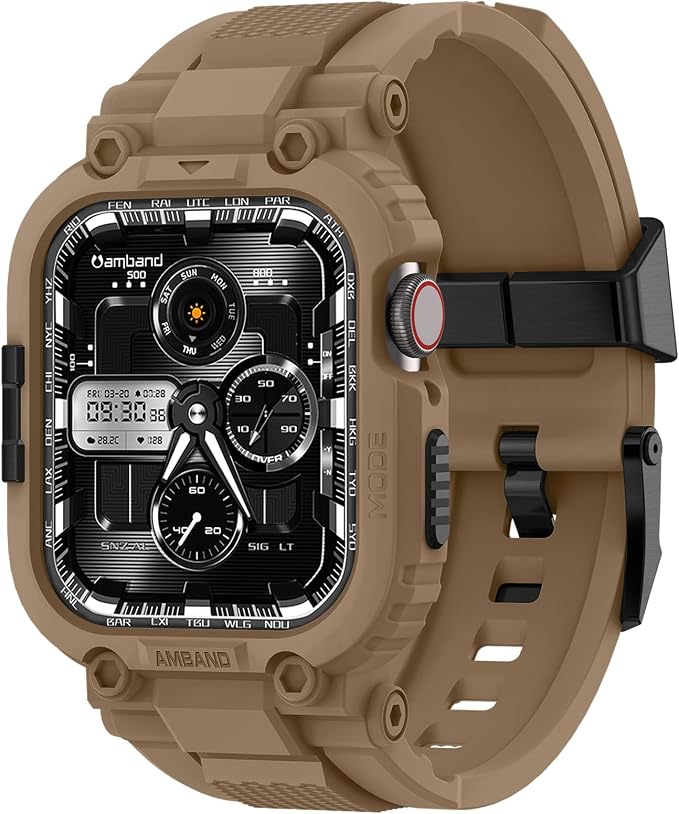 amBand Bands Compatible with Apple Watch 9/8/7 45mm, M1 Sport Series Rugged Case with TPU Strap Military Protective Tough Cover Bumper for iWatch SE3/SE2/SE/6/5/4 44mm Men Desert Tan