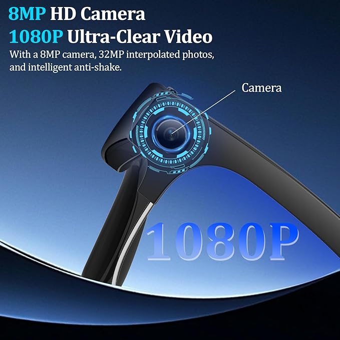 AI Smart Glasses with Camera, 8MPW Anti-Shake Bluetooth Camera Glasses, 1080P Video Recording Dual Mic Noise Reduction, Real Time Translation&Simultaneous Interpretation, 290mAh Capacity(W630)