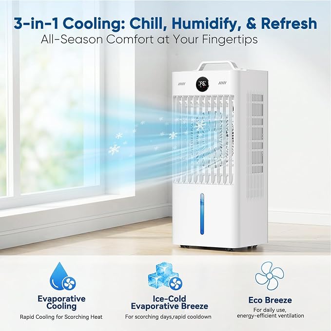 Portable Air Conditioners Fan, Windowless Evaporative Air Cooler 2 Modes & 6 Speeds, 12H Timer for Smart Auto-off, 3-Gals Tank for 20H Cooling,16FT Remote,No Hose Needed,38db Swamp Cooler