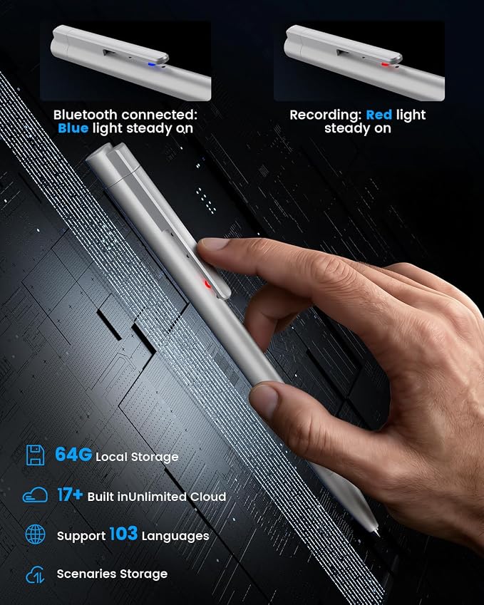 AI Voice Recorder Pen, 64GB Note Sound Recorder with Transcribe, Mind Mapping & AI Summary, Supports 103 Languages, Audio Activated Recorder for Lectures, Meetings, Calls