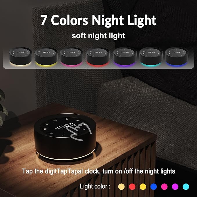 White Noise Machine with Alarm Clock & Night Light for Babies and Adults, 20 Soothing Sounds, Glare-Free Upward Display, Touch Control, Memory Function, 5 Sleep Timers, Black
