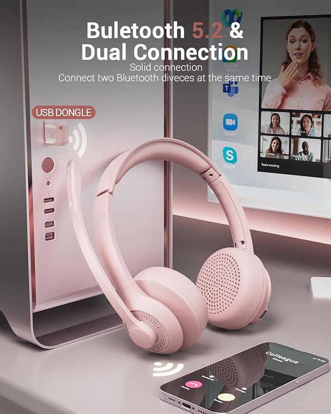 Bluetooth Wireless Headset with Mic for Work, Bluetooth 5.2, Advanced Noise Reduction Microphone, Clear Calls - Comfortable On-Ear Headphones, Applicable to PC, Laptop, Phone, Android, Zoom, Office