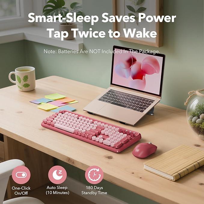 Wireless Keyboard and Mouse Combo, Cute Full-Size Typewriter-Style Keyboard, Retro Round Keycaps, Phone/Tablet Holder, 3-Level DPI Mouse, 2.4GHz Cordless for Mac Windows PC Laptop, Trueque CK13, Rose