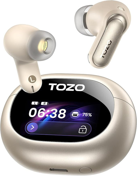 TOZO NC20 Pro Active Noise Cancelling Wireless Earbuds with Smart Touch Screen, LDAC Hi-Res Audio, Stereo Bass, 6 Mics AI Call Ear Buds, 80H Playtime, IPX8 Waterproof, 32 EQ via App, Wireless Charging
