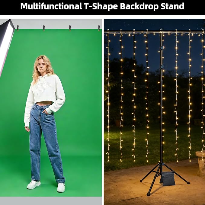 Hemmotop Photo Backdrop Stand 10x8.5ft(WxH), Heavy Duty Background Stand with 2 Sandbags, 2-in-1 T-Shape Photography Backdrop Stands for Party, Photo Booth, Balloon, Projector Screen, Wedding