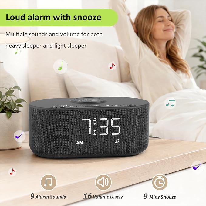 DreamSky Alarm Clock Radio with Wireless Charging and Bluetooth Speaker | Loud Alarm for Heavy Sleepers, Bedroom Digital FM Radio with Sleep Timer, 0-100% Dimmer, 9 Alarm Sounds & 16 Volumes, USB