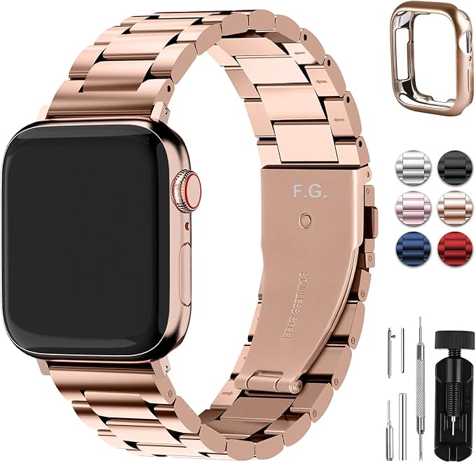 Fullmosa Metal Band Compatible with Apple Watch Bands 41mm 40mm 38mm, iWatch Band with Case for Apple Watch Series 9 8 7 6 5 4 3 2 1 SE3/2/1, Rose Gold