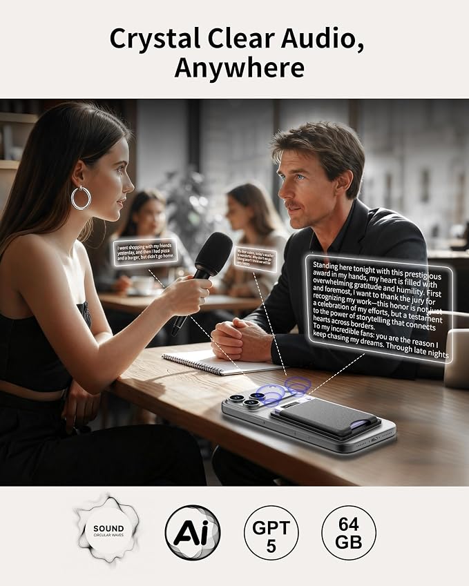 AI Voice Recorder with Transcription, 64GB, 152 Languages, Dual Mics | GPT-5 powered transcription, 64GB storage, 152-language support, dual noise-cancelling microphones