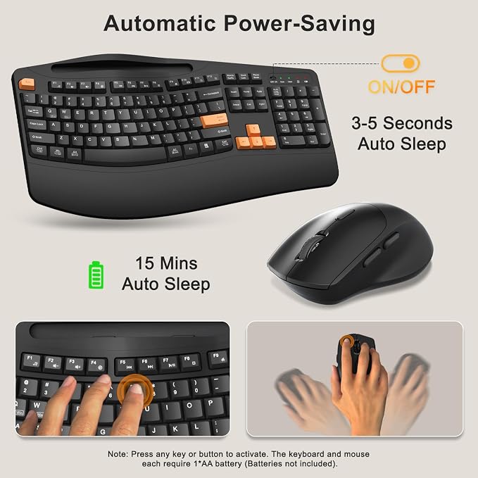 Wireless Keyboard and Mouse Combo, 2.4G Full Size Wave Keys Ergonomic Keyboard with Wrist Rest, Phone Holder, 3-Level DPI Wireless Silent Mouse with 6-Buttons, for Windows, Mac OS (Orange Black)
