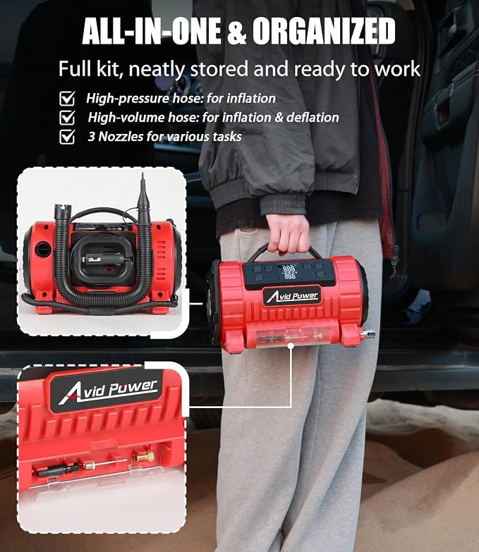 AVID POWER Tire Inflator Portable Air Compressor, 12V DC/110V AC Car Tire Pump with Inflation and Deflation, 5 Preset Modes, Digital LCD Pressure Gauge for Car Tires, Air Mattress and Small Inflatable