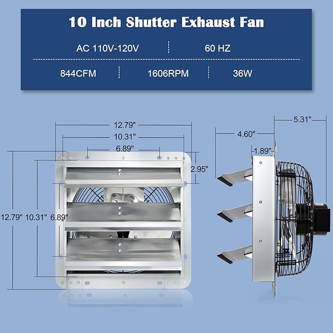 Hiorucet 10 Inch Shutter Exhaust Fan with Speed Controller and Power Cord Kit for Garage, Greenhouse, Attics, Chicken Coop, Shed, Basement, 844CFM 1606RPM Low Noise Wall Mounted Louvered Exhaust Fan.