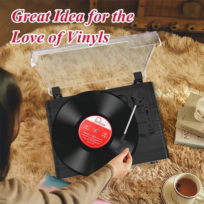 Vinyl Record Player with Built-in Speakers,3 Speed Turntable with Latest Bluetooth 5.3, AUX Input, Headphone Jack, RCA Output and Auto Stop, Mirror Vintage Wooden Black