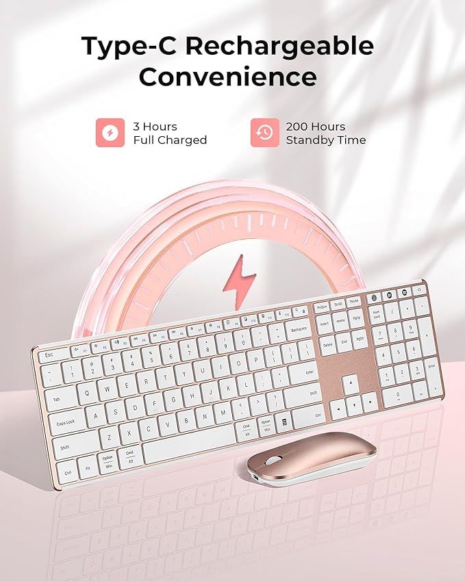 seenda Wireless Bluetooth Keyboard and Mouse Combo, SKM64-3 Rechargeable Slim Quiet Keyboard Mouse, 3 Multi-Device Connection, Compatible for Windows 11/10 PC Laptop Mac MacBook iPad, White Rose Gold
