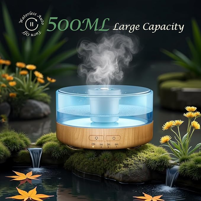 Essential Oil Diffuser for Home: 500ML Aroma Diffuser with Fireplace Flame Light & 9 Colors LED - Quiet <25dB Cool Mist Humidifier for Bedroom Office Yoga Room