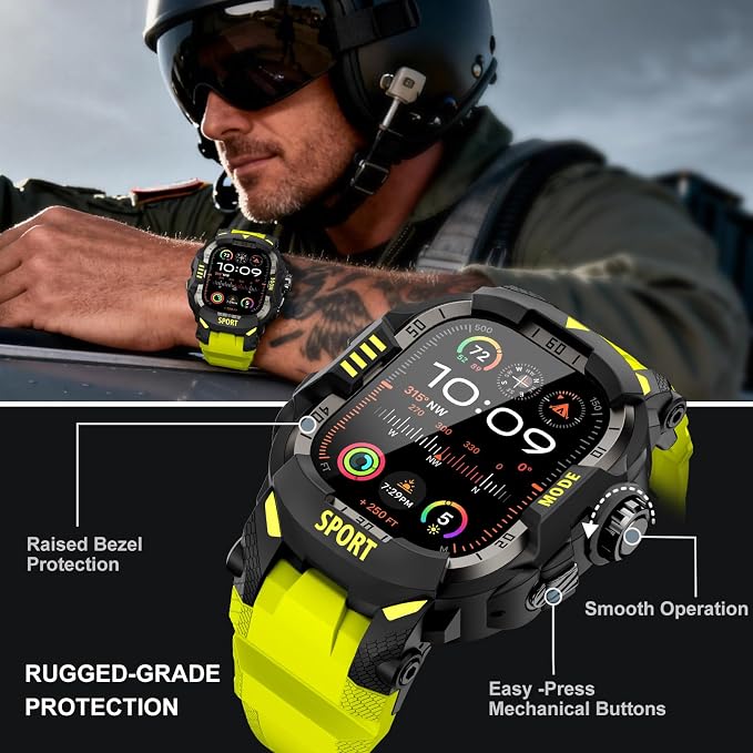 DABAOZA Rugged Case with Band Screen Protector Compatible with Apple Watch 49mm, for iWatch Ultra 3/2/1,Military Grade Shockproof Bumper and Men's Tactical Heavy Duty Strap(Fluorescent Green,49MM)