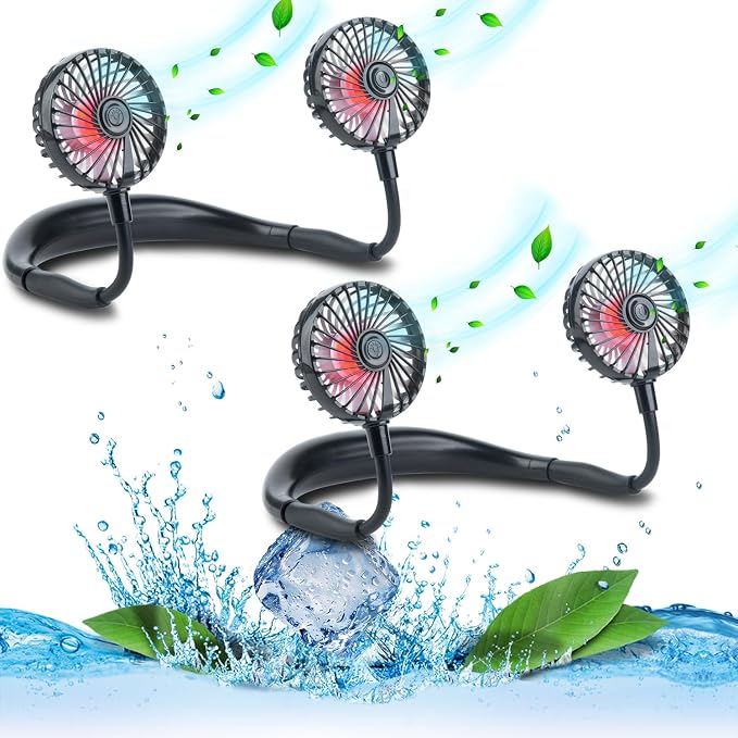 VAGAU Portable Cooling Neck Fan, Rechargeable USB Personal Neck Fan with Colorful LED lights, 360° Rotation, Wearable Neck Fan Air Conditioner for Office Travel Sport, 3 Adjustable Speeds（2 Pack）