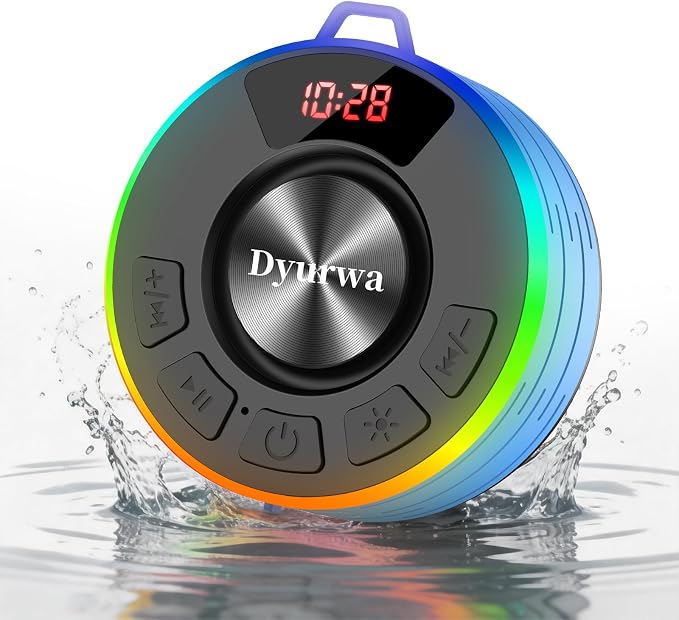 Bluetooth Shower Speaker, IPX7 Waterproof Shower Speaker Loud Clear Sound with Suction Cup, Digital Display/RGB Lights, Built-in Mic, 10H Playtime, Bathroom Speaker for Outdoor/Pool/Beach/Party/Gift.