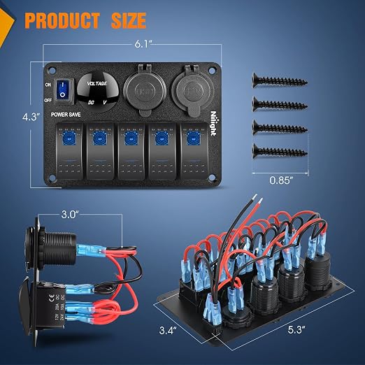Nilight 5 Gang Rocker Switch Panel Waterproof Pre-Wired Aluminum Power Control Marine Panels with PD Type C and USB Cigarette Lighter Socket Voltmeter 12V 24V ON Off Switches for Car Trucks Boats RVs