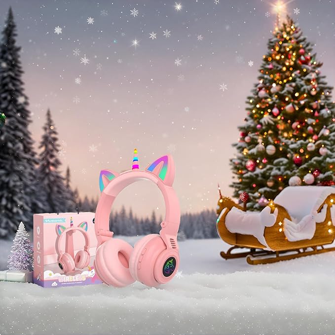 Unicorn Kids Headphones for Girls, Unicorn Bluetooth Headphones Foldable for Girls Toddlers Tablet/pad/Amazon fire,Light Up Kids Wireless Headphone Birthday Gifts (Pink 2)