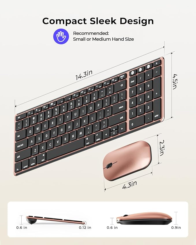 seenda Bluetooth Keyboard and Mouse Combo for Mac, SKM64-2 Rechargeable Silent Wireless Keyboard Mouse Compact Slim, 3 Multi-Device Connection, Compatible for Mac MacBook Pro/Air iPad, Black Rose Gold