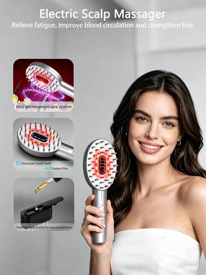 3-in-1 Electric Scalp Massager Brush, Vibrating Scalp Massager Comb with Hair Oil Applicator for Scalp/Face/Body Relaxation, Portable Massager Tool for Home & Travel, Gift for Men & Women (Grey)