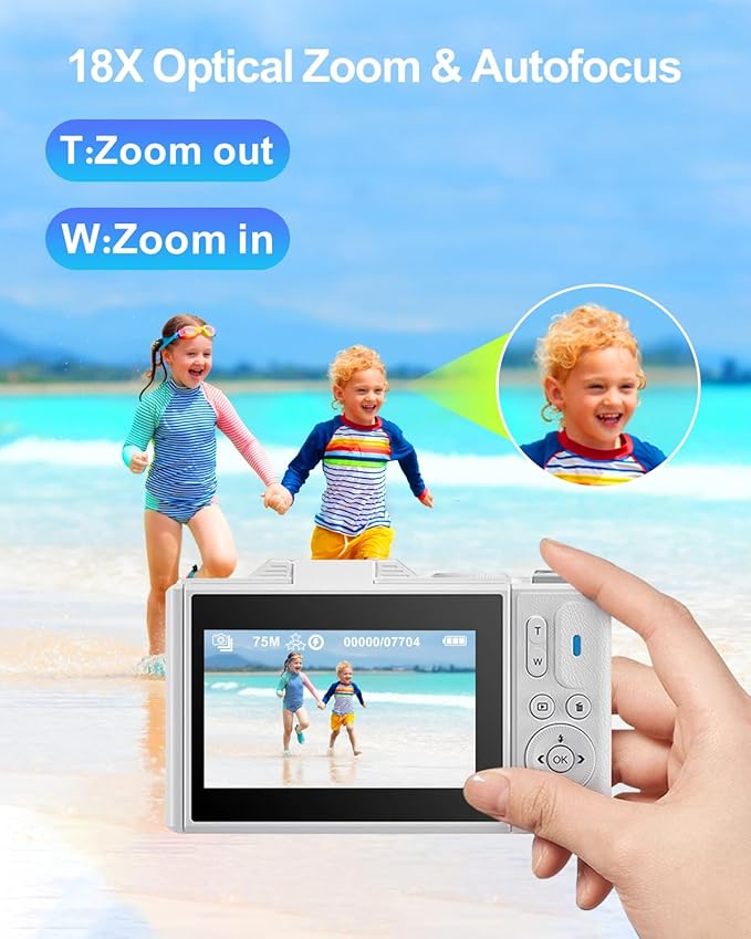 5K Digital Camera for Photography with WiFi, 75MP Ultra HD Vlogging Camera for YouTube with 3" 180° Flip Screen,18X Zoom Autofocus Compact Cameras for Beginners Teens with 64GB SD Card.