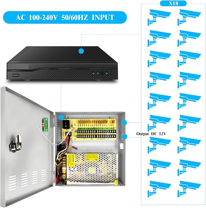 18 Channel 12 Volt DC Output 20A CCTV Distributed Power Supply Box for Security Camera with AC Plug and Lock for Security Cameras, DVRs, CCTV Power Supply (20A 18-Channel)