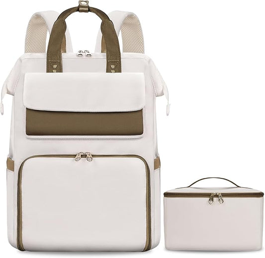 BERTASCHE Lunch Backpack for Women, 15.6 Inch Laptop Backpack with Insulated Cooler Lunch box, Nurse Backpack for Teacher Work Travel College Picnic, Beige