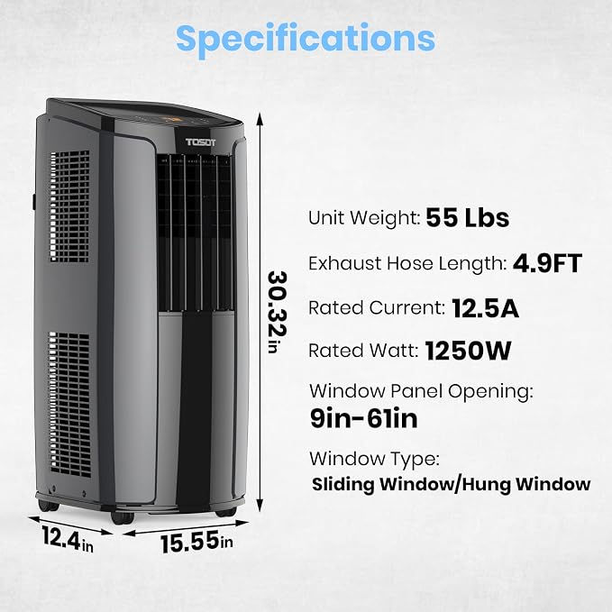 TOSOT 10,200BTU (6,200 BTU SACC) Portable Air Conditioner, Smart Wifi Control, AC Unit with Dehumidifier, Fan, Window Kit for Easy Installation, Cool Rooms Up to 400 Square Feet, Shiny Series
