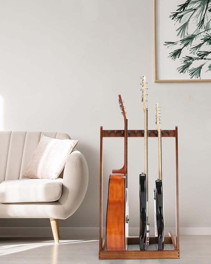 Multiple Guitar Stand, Zebra Wood Guitar Rack for 3 Acoustic, 5 Electric or 5 Bass, Hardwood Multi Instrument Stand for Men, Wooden Floor Instrument Racks for Studio Display, Home Decor