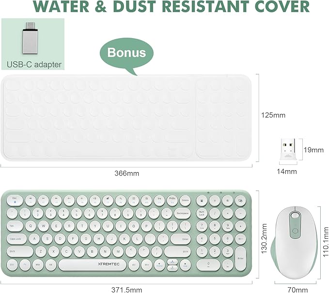 Wireless Keyboard and Mouse, XTREMTEC Compact Full Size Cute Keyboard Retro Round Keycap - 2.4GHz Ultra-Slim Quiet Aesthetic Keyboard for Laptop iMac Windows Computer (Macaron Green A)