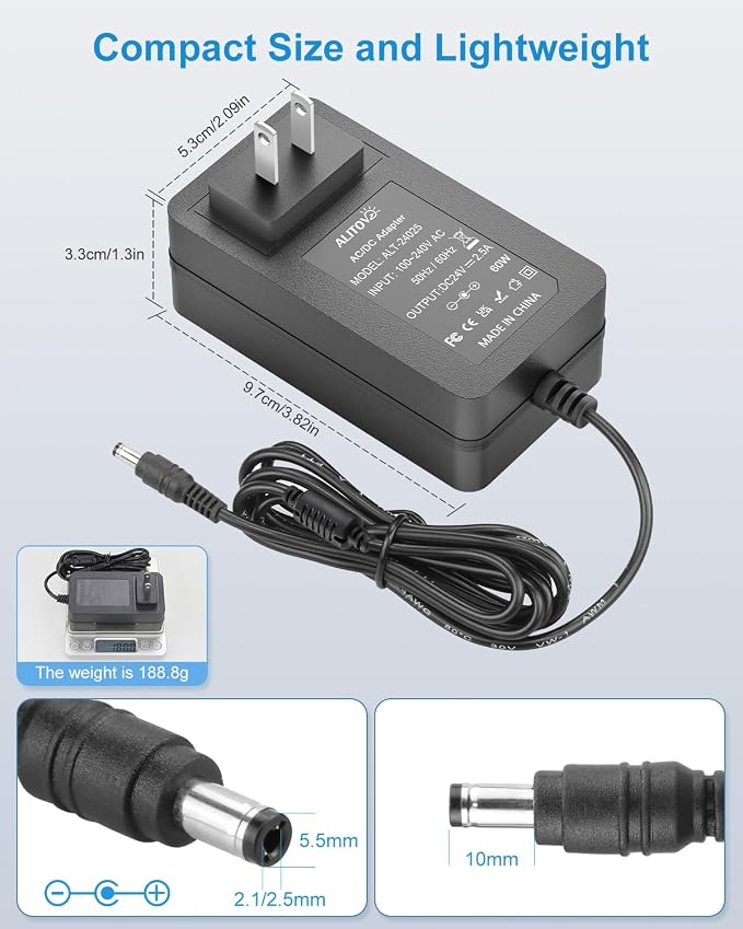 ALITOVE 24V Power Supply 2.5A 60W AC Adapter 100-240V 50-60Hz 24 Volt Transformer Power Cord 2 Amp 1500mA 1A Converter 6.2FT with 14 Tips for LED Strip Light CCTV Camera DC Pump Router