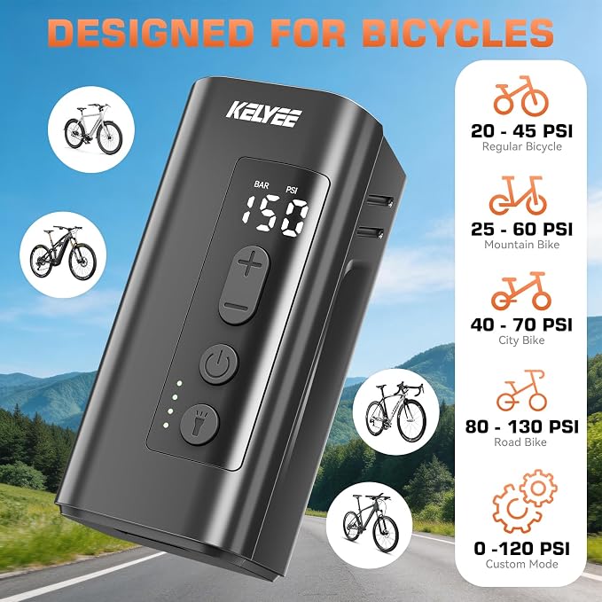 F05 Mini Electric Bike Pump 150 PSI, Portable Bicycle Tire Inflator with Presta & Schrader Valve, Fast Inflation Tiny Bike Pump for Road Bike & MTB