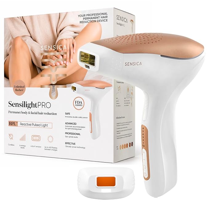 Sensica Sensilight PRO IPL Hair Removal Device, At-Home Cordless Use, XL Body Window for Fast Full-Body Use & Precision Window for Face, Auto Glide, 2 Smart Sensors, 6 Energy Levels - IPL300