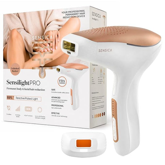 Sensica Sensilight PRO IPL Hair Removal Device, At-Home Cordless Use, XL Body Window for Fast Full-Body Use & Precision Window for Face, Auto Glide, 2 Smart Sensors, 6 Energy Levels - IPL300