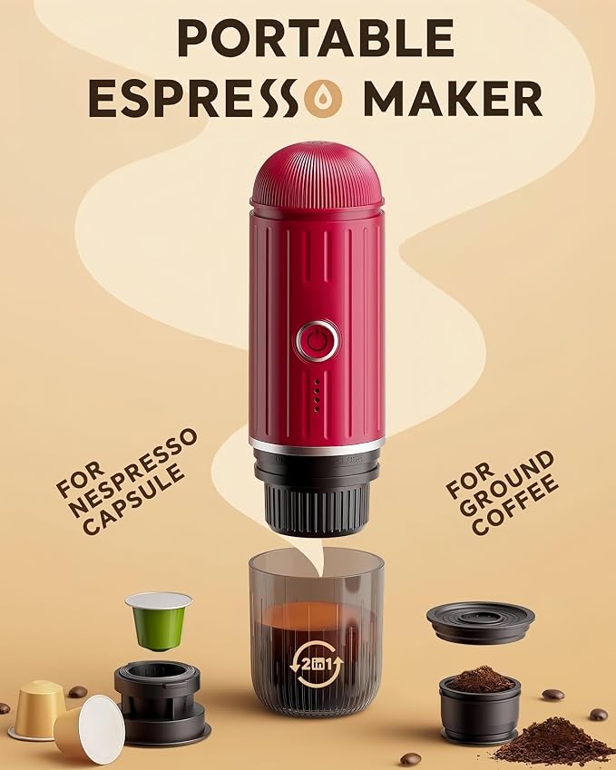 Portable Espresso Machine, 2-in-1 Hot/Cold Brew & Fast Self-heating with USB-C,Travel Coffee Maker with 7800mAh for Camping RV Hiking Compatible with NS Capsules & Ground Coffee Red