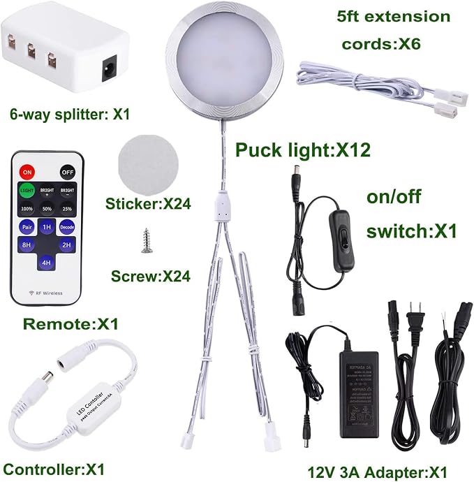 AIBOO Linkable Under Cabinet LED Lighting 12V Dimmable Puck Lights with Wireless RF Remote Control, Hardwired & Wall Plug in for Kitchen Mood Lighting (Warm White, 12 Lights Kit)