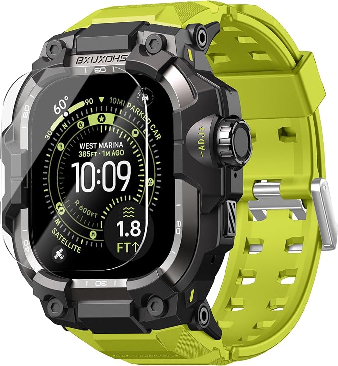 BXUXOHS Rugged Case and Band for Apple Watch Ultra 3/2/1 49mm Men, Military Grade Shockproof Bumper Cover, with 2 Pack Screen Protector, Tactical Band Case for iWatch Ultra 3 2 1 Man, Green