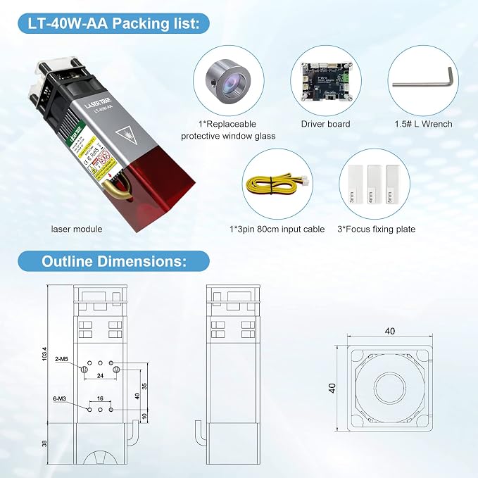 LASER TREE Laser Engraver Module, 5000mW（5W） Optical Output Power Laser Cutter Module w/Metal Air Assist, Compatible with Laser Engraver Laser Cutter Machines CNC, 45mm Fixed Focus 12V, Class 4