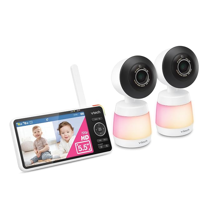 VTech Smart WiFi Baby Monitor, 2 Cameras for Twins & Two Rooms – 2K Split Screen, 5.5" Screen, 24X Zoom, Wide Angle, Free App, Night Light | Smart HD Plus Twin