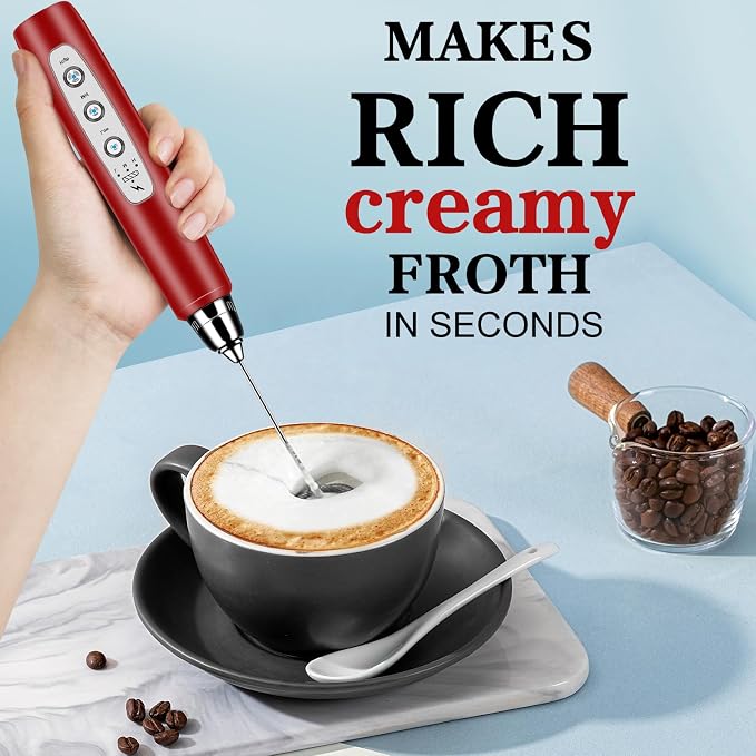 BSRGMS Milk Frother Handheld for Coffee, Electric Whisk 3 Speed Adjustable, Drink Mixer with Stainless 3 Whisks, Rechargeable Hand Frother Wand, Foam Maker for Latte Cappuccino Hot Chocolate Egg Red