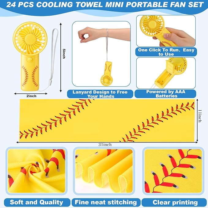 Retisee 24 Pcs Softball Cooling Towel Mini Portable Fan Set 32 x 12 Inch Workout Towels Handheld Battery Powered Fan Sporting Baseball Gifts for Summer Team Gift Travel Camping Makeup Yoga Running