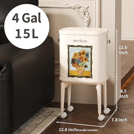 MRBIN Metal Slim Bathroom Trash Can with Legs and Wheels, 15L / 4gal Toilet Press Lid Waste Basket, Covered Office Garbage Pail for Near Desk, Narrow Vanity, Rvs, Kitchen, Sunflower