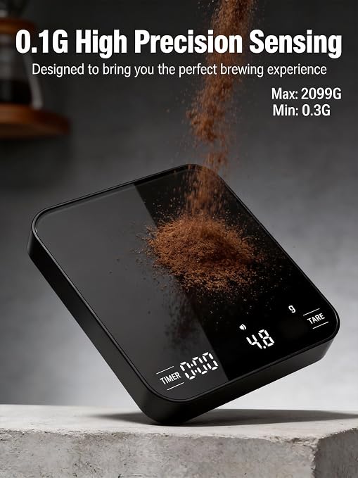 Mini Coffee Scale Digital - 4 Modes, 0.1g Precision, Touch Screen LED Display, 500mAh Type-C Rechargeable, 2099g Max Capacity, Waterproof & Compact for Espresso, Pour Over Coffee, Cooking & Baking